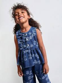 Maija Kids Maija Kids 女童提花蝴蝶结吊带牛仔上衣和短裤套装 - 彩色 - 查看 2