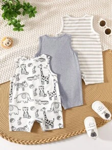 3件套新生男婴可爱卡通条纹无袖针织连体衣，夏季 - 彩色 - 查看 2
