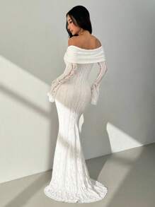 SHEIN PETITE فستان أنيق بأكمام طويلة من الدانتيل مع ربطة أمامية، بلون أحادي وأكتاف مكشوفة للنساء - الأسود - مشاهدة 2