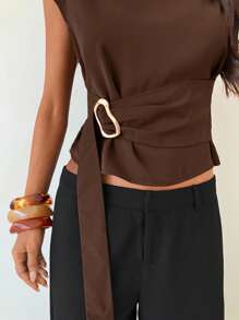 Aloruh Women's Stand Collar Coffee Color Metal Button Decor Office Shirt