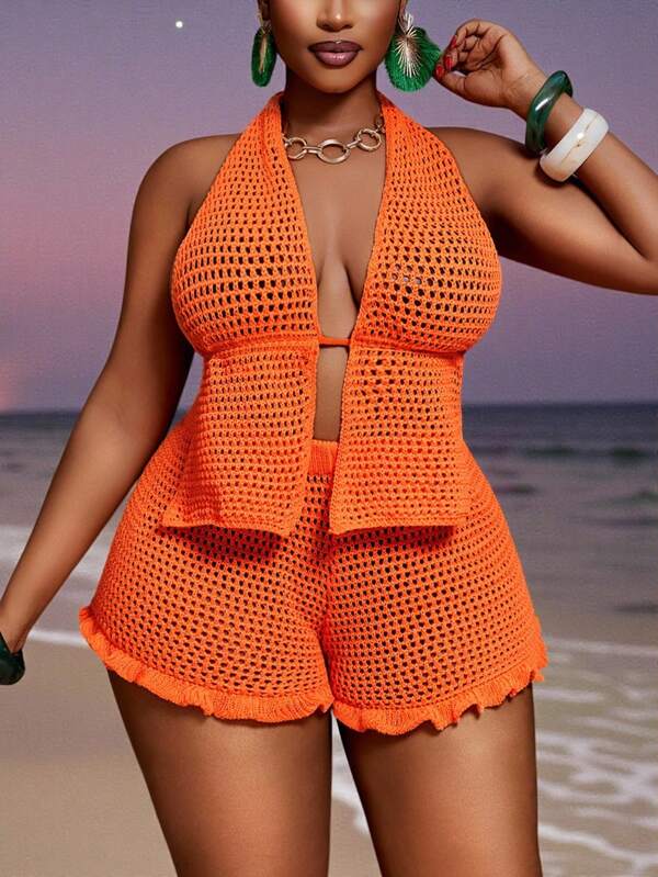Slaydiva 2025 New Arrival Casual& Vacation  Style 2pcs/Set 2025 Spring/Summer New Sexy Casual Vacation Solid Color Knitted Halter Backless Top & Ruffle Trim Knitted Mini Shorts Set, Plus Size Crochet Short Set Orange 2 Piece Set Plus Size Shorts Sets Summer Two Piece Set Plus Orange Crochet Set Casual