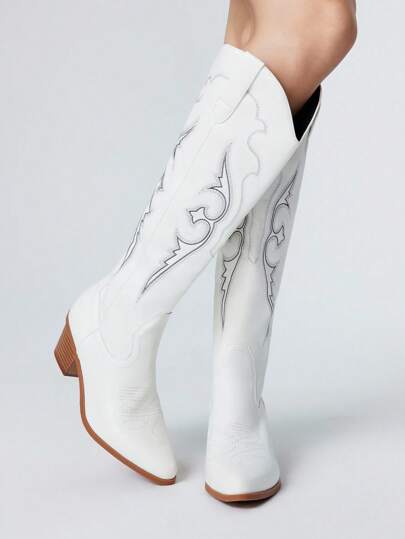 Kawaii Damen Schlüpf-Cowgirl-Stiefel mit gestickten Details, weiße PU-Leder Kniehohe Western-Stiefel, Outdoor Mode Lässig