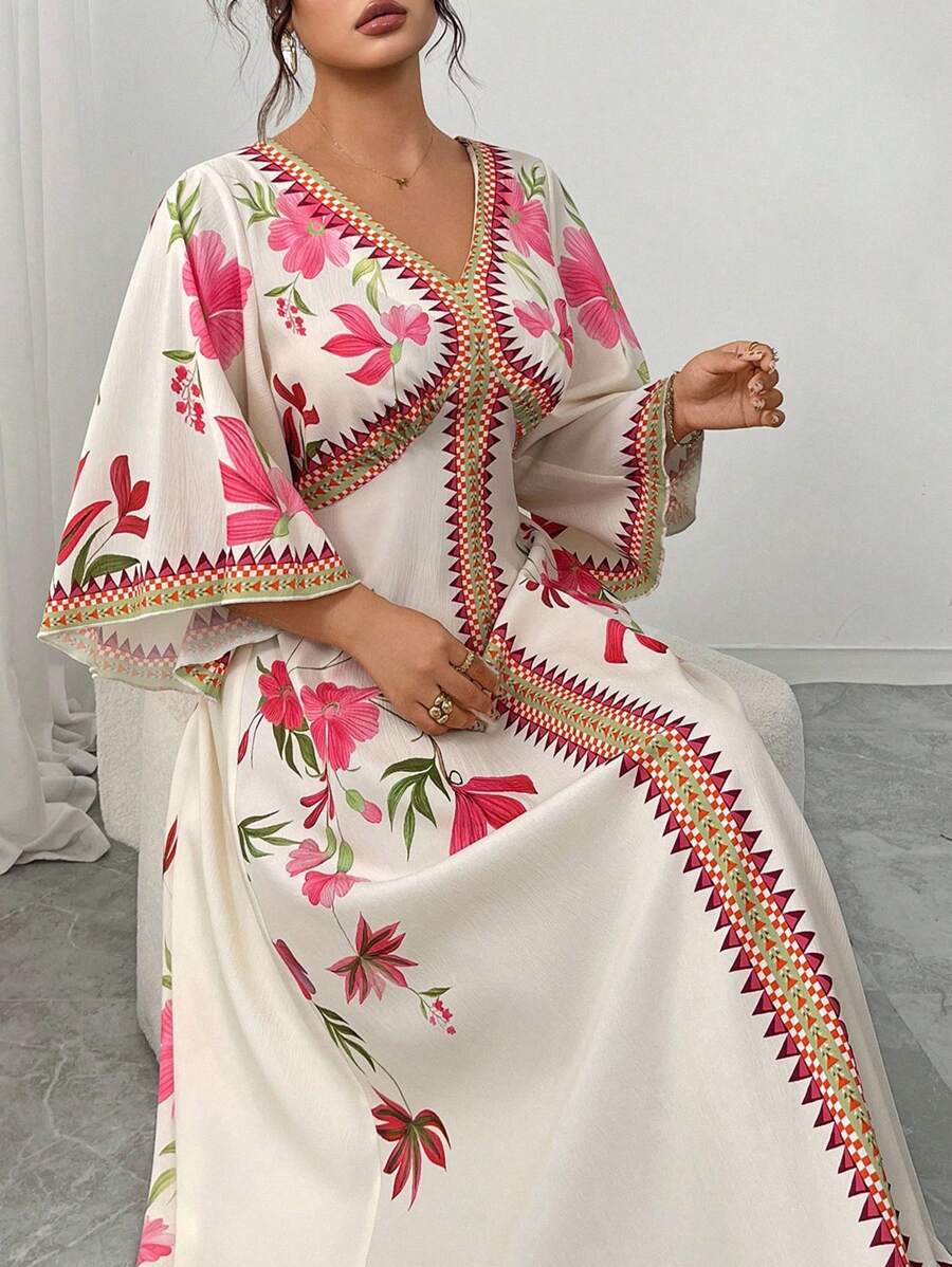 Modelyn 大码女式梭织度假花卉印花 V 领修身 A 字连衣裙，适合居家、外出、约会 - 彩色 - 查看 1