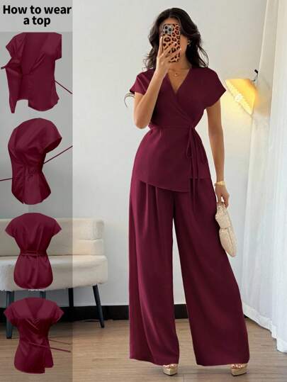 Elenzga Women's Summer Vacation Date Elegant Wrap Batwing Short Sleeve Blouse & Wide Leg Palazzo Pants 2 Pieces Set, Woven Apricot Two Pieces Set Women Elegant Pant Suit Summer Sets Elegant Two Pieces Set Women Two Pieces Pant Set Two Pieces Wide Leg Pants Set