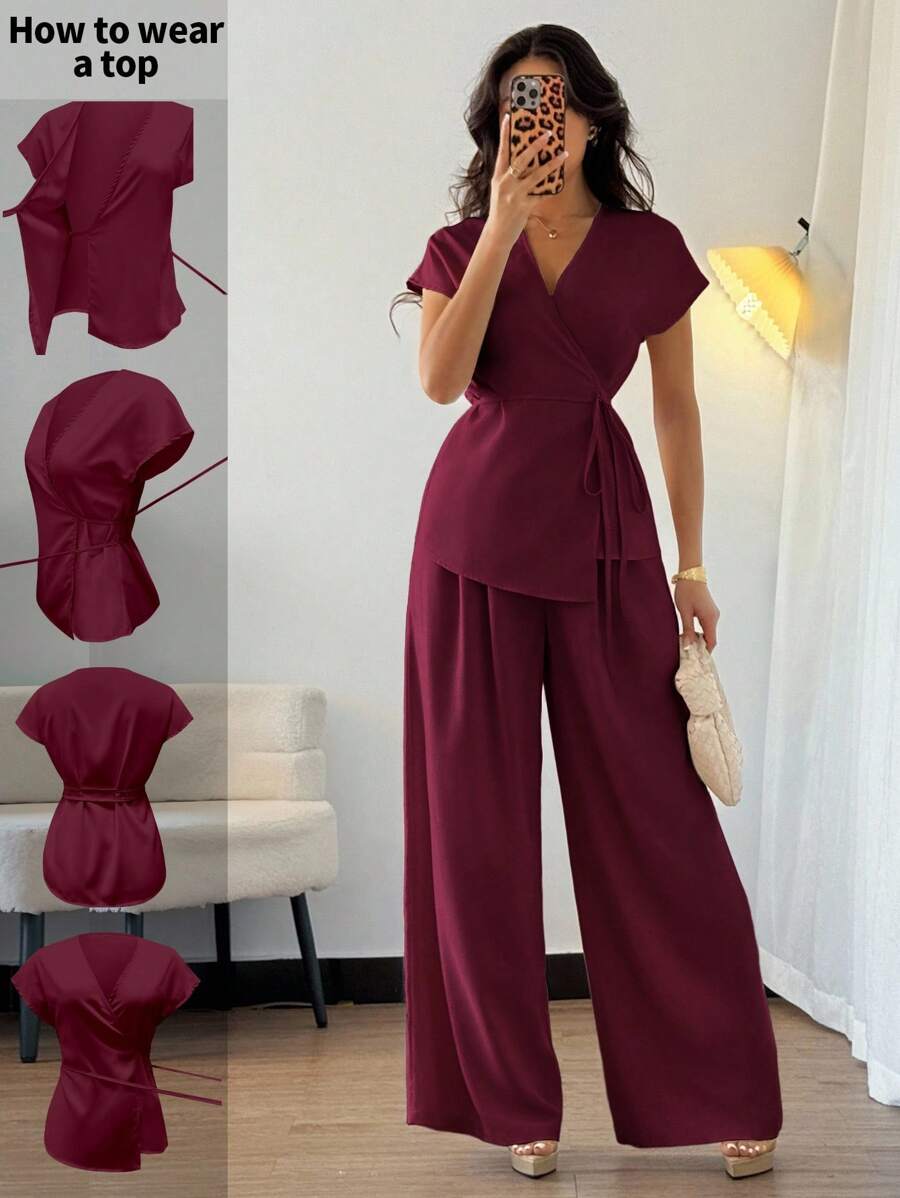 Elenzga Women's Summer Vacation Date Elegant Wrap Batwing Short Sleeve Blouse & Wide Leg Palazzo Pants 2 Pieces Set, Woven Apricot Two Pieces Set Women Elegant Pant Suit Summer Sets Elegant Two Pieces Set Women Two Pieces Pant Set Two Pieces Wide Leg Pants Set - Red Violet - View 1