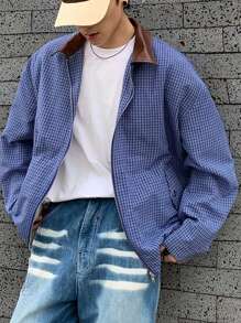 Manfinity Dauomo Men's Casual Loose Contrast Collar Plaid Jacket - Blue - View 6