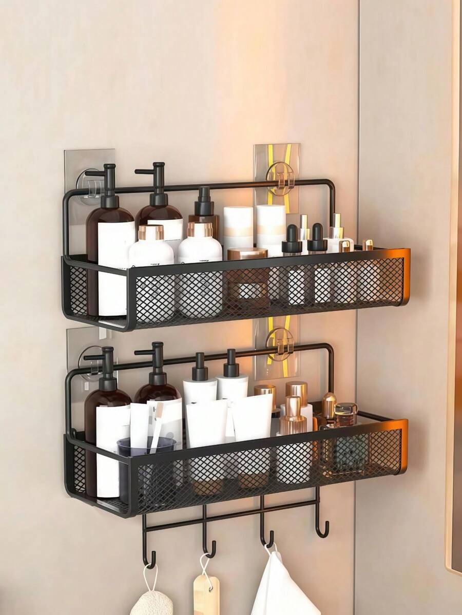 1 pieza Estante de almacenamiento montado en la pared de hierro moderno y negro hueco, estantería de almacenamiento para el baño para el hogar