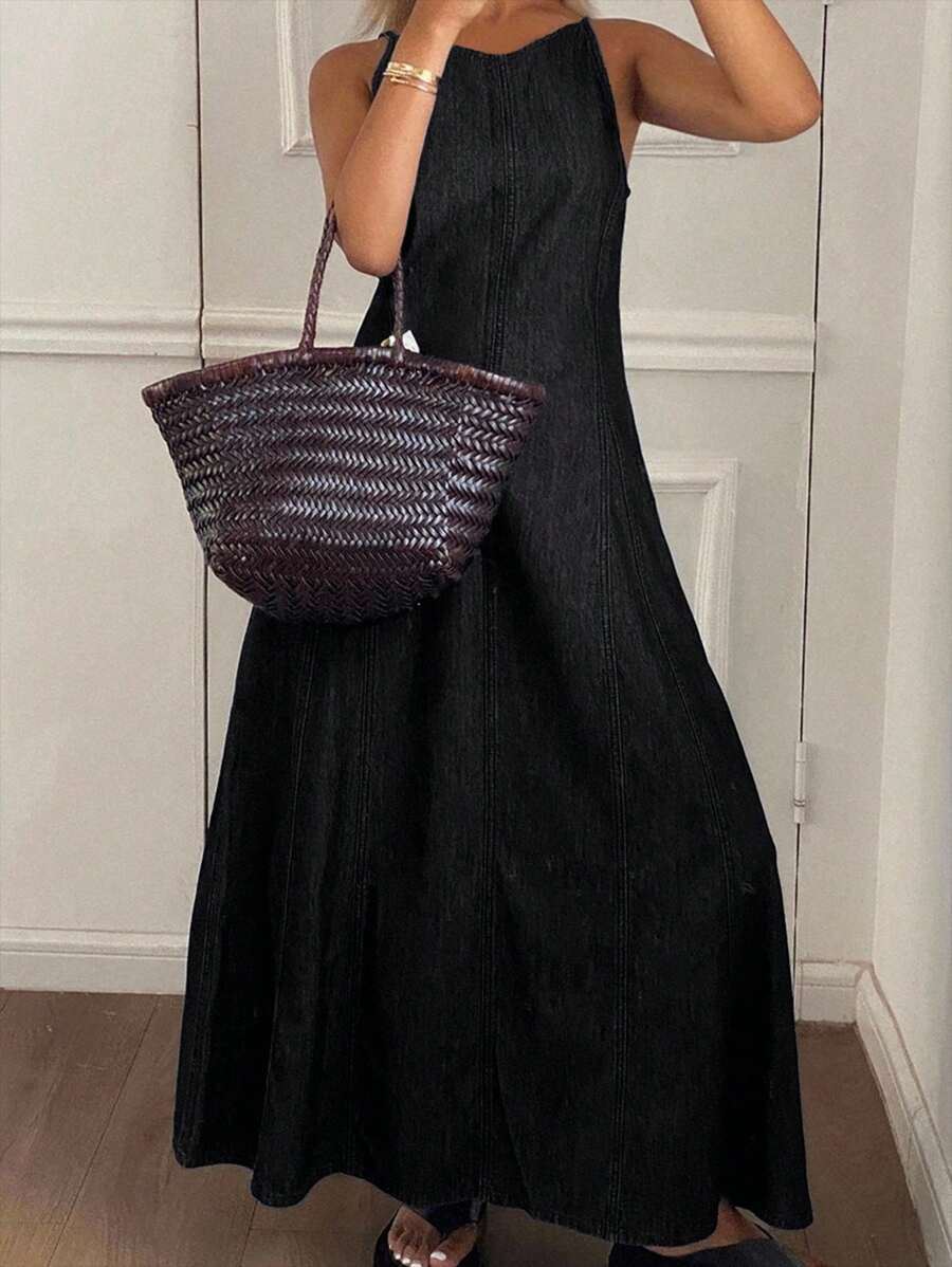 DAZY 女士休闲圆领无袖宽松牛仔连衣裙，春夏 - 黑色 - 查看 1