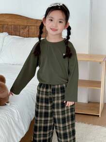 DAZY Conjunto de pijama de blusa de manga larga y pantalón a cuadros para niñas, otoño e invierno - Verde militar - Ver 7
