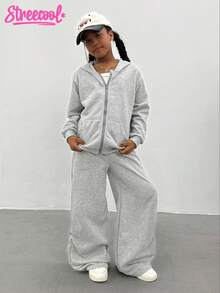 Minimalist Fashion Tween Girl Plain Long Sleeve Zip Hooded Jacket & Wide Leg Pants Casual Suit Fall Winter - Grey - View 4
