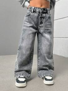 SHEIN Sparklyn 年轻女孩时尚休闲水洗牛仔直筒裤，带刺绣后袋，阔腿牛仔裤，儿童宽松牛仔裤，年轻女孩，女孩 - 灰色 - 查看 6