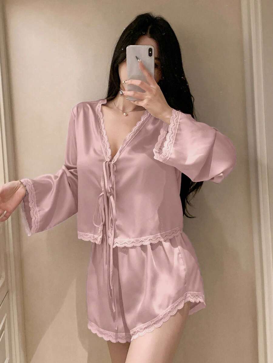 DAZY 浪漫蕾丝拼布缎面系带上衣和超短睡裤套装，女士秋季服装 - 淺粉色 - 查看 1