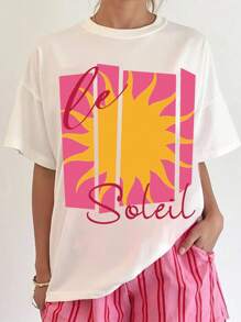 DrmWander Una camiseta de verano casual, holgada y estilizadora con cuello redondo para damas, con estampado de sol y parches