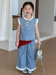 Dazy Kids 2pcs Young Girls Lace Patchwork Sleeveless Top And Wide Leg Jeans Pants Set - Light Wash - View 8