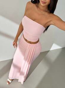 SHEIN PETITE 抹胸网眼上衣和低腰迷你裙套装 - 粉色 - 查看 3