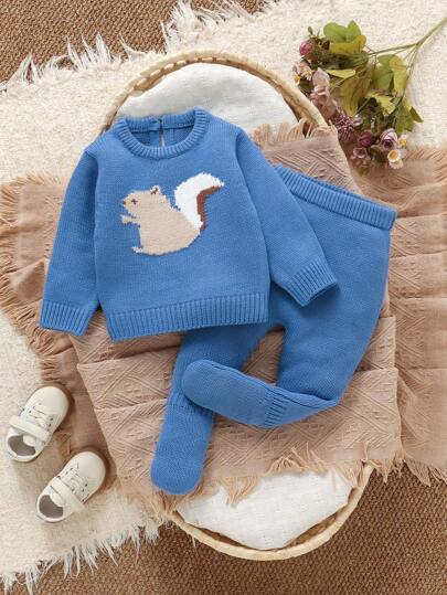 SHEIN 2pcs Cute Squirrel Jacquard Knit Baby Sweater Set, Round Neck Long Sleeve Top + Footed Pants, Casual Newborn Outfits Knitted Baby Boy Blue Outfit Baby Boy Winter Set Knit Two Piece Toddler Toddler Knit Set Squirrel Baby Outfit