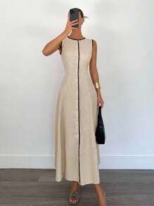 Siren Gaze 女式无袖撞色休闲长裙 - 杏色 - 查看 4