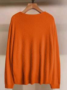 Linhara Halloween Plus Size Women Casual Everyday Commute Simple Solid V-Neck Dropped Shoulder Loose Pullover Sweater, Autumn Winter Fall - Orange - View 2