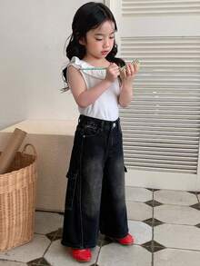 DAZY Young Girl Casual Washed Wide Leg Cargo Jeans - Black - View 7