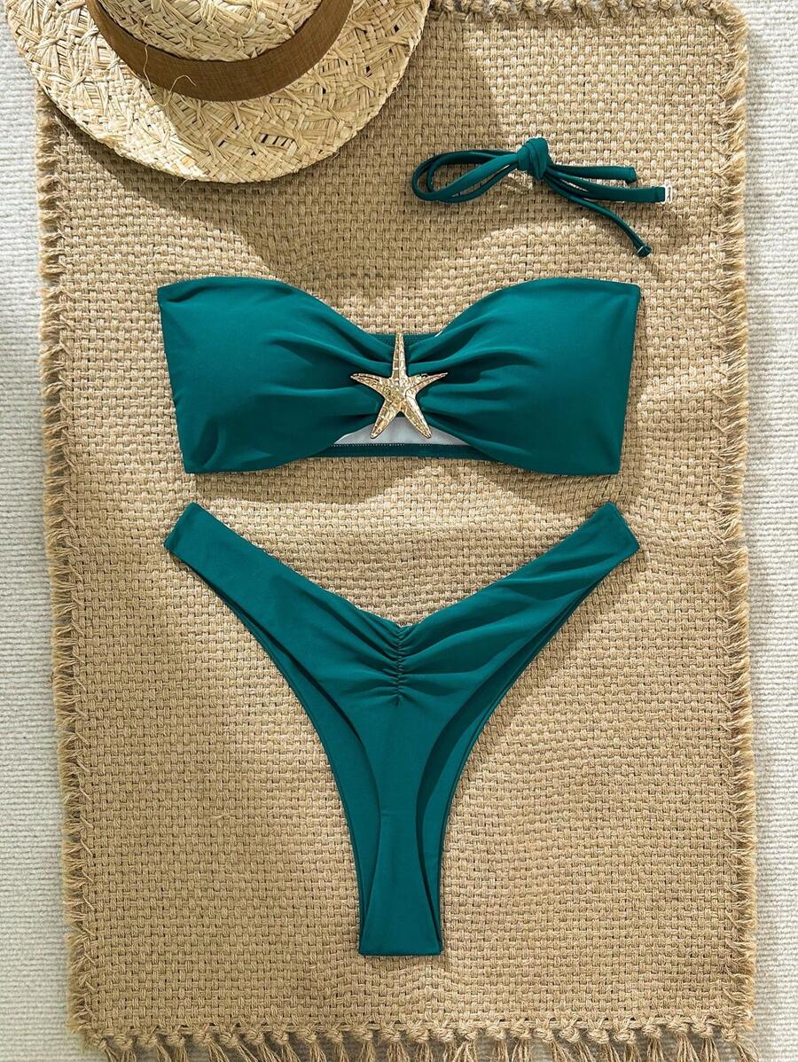SHEIN Swim Bikini da donna a tinta unita con spalline a spaghetti, decorazione in metallo a forma di stella marina, sexy, estivo - Blu verde acqua - Visualizzare 1