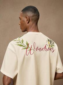 EASEVO Áo thun nam tay ngắn cổ tròn trễ vai thêu hoa cỡ lớn - Màu be - Xem 6