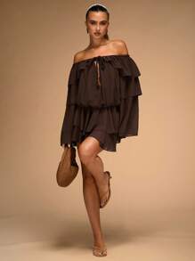 SHEIN BAE Women's Chocolate Solid Color Off-The-Shoulder Ruffle Hem Twist Long-Sleeved Dress Brown Boho Flowing Western Cowboy Girl, - Brown - View 3
