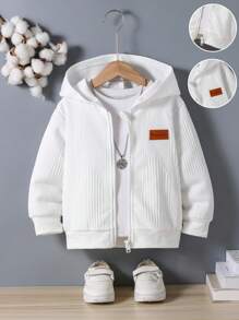Genkimix Kids 1 件装年轻男孩简约纹理纯色全拉链连帽夹克，外套，秋冬新品，适合日常穿着、户外、校园和返校季 - 白色 - 查看 3