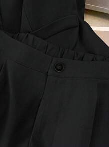 GlowEve CURVE Plus Size Women Casual Commuter Simple Solid V-Neck Button Front Vest And Shorts 2 Pieces Set - Black - View 8