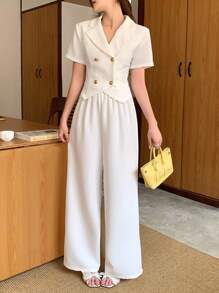 SHEIN 青少年女孩白色纯色梭织休闲通勤翻领短袖纽扣弧形下摆上衣和直筒裤两件套服装套装，返校季，休闲优雅套装