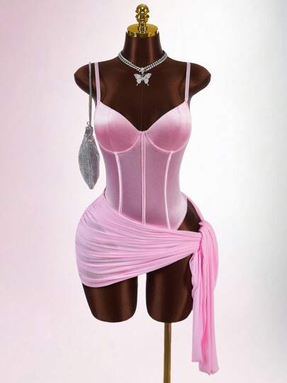  Y2K Amplova Sexy Solid Color Spaghetti Strap Criss-Cross Mini Dress Pink Corset Bodysuit Pink Club Dress Pink Corset Dress,Ideal For Parties And Making A Statement.