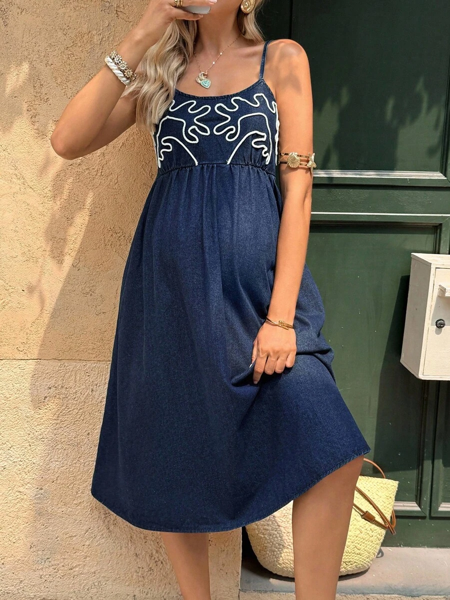 SHEIN Maternity Embroidered Casual Sleeveless Denim Dress For Summer, Spring/Autumn,Only Cute Summer Holiday Elegant Vacation Romantic Curve Farmhouse - Blue - View 1