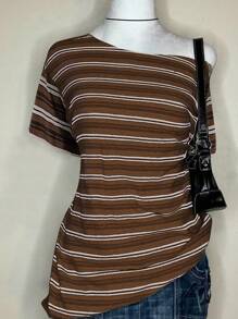 SHEIN Áo thun nữ họa tiết sọc kỹ thuật số hở vai cỡ lớn - Nhiều màu - Xem 2