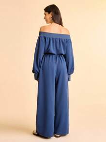 CAJUNI Tuta monocolore a maniche lunghe con spalle scoperte - Top basic/da uscire per donne/Abbigliamento autunnale per donne/Spalle scoperte - Blu Navy - Visualizzare 2