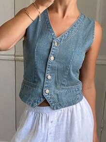 DAZY Blusa vaquera casual de cuello en V para mujer, otoño