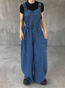 FRIFUL Quần yếm denim ống rộng, dáng rộng, có túi hai bên, có dây rút ở eo dành cho nữ - Màu xanh lam - Xem 1