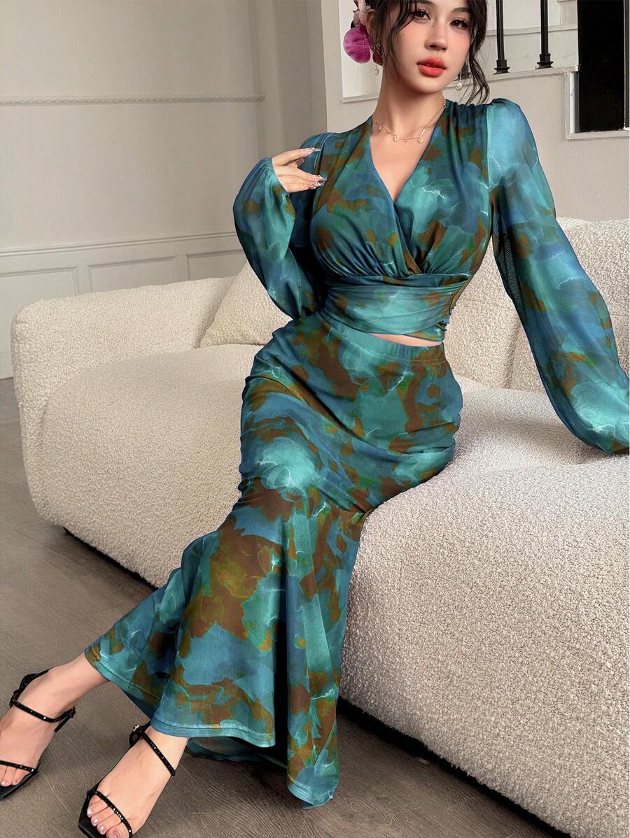 Modelyn 2 件套女士韩版优雅扎染图案弹力网眼修身美人鱼裙套装 - 彩色 - 查看 1