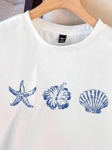 Manfinity Joysei 男士加大码休闲白色贝壳、海星、芙蓉花图案上衣，适合夏季外出穿着