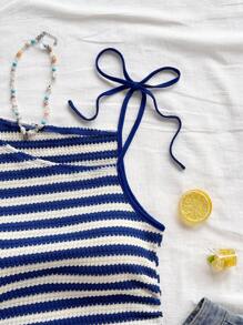 Soleia Women's Vacation Red & White Striped Knit Asymmetrical Neck Fitted Top, Suitable For Party, Christmas, Date, Beach, Cruise, Carnival, Summer Striped Tank Top Striped Summer Top Summer Tops Women Blue And White Striped Top Knit Tank Top