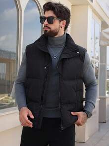 DAZY Men's Solid Color Thermal Thickened Black High Collar Vest Jacket, Winter - Black - View 4