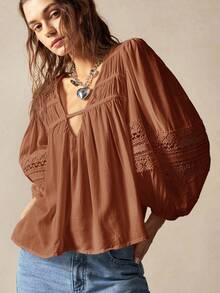 Bohemela 女士休闲纯色V领3/4袖宽松衬衫 - 鏽棕色 - 查看 7