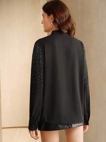 Anewsta Nueva camisa elegante de mujer con cuello redondo, manga larga, lazo y degradado de diamantes