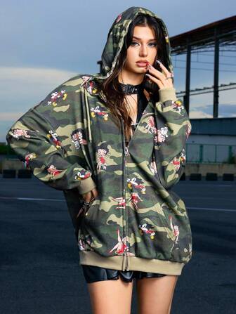 Betty Boop | ROMWE Sudadera con capucha con cremallera con estampado de figura de dibujos animados dulce y picante y camuflaje all-over en estilo Y2K