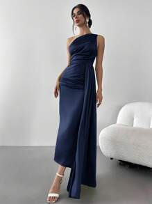 Firerie 女式褶饰荷叶边单肩褶皱连衣裙，适合派对、舞会、晚礼服、优雅、宴会、约会之夜、性感、鸡尾酒会、毕业典礼 - 藏蓝色 - 查看 6