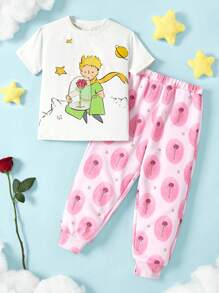 LE PETIT PRINCE X SHEIN 2pcs/Set Young Girl Cartoon Figure Graphic Casual Versatile Short Sleeve T-Shirt And Pink Rose Long Pants Outfit - Pink - View 1