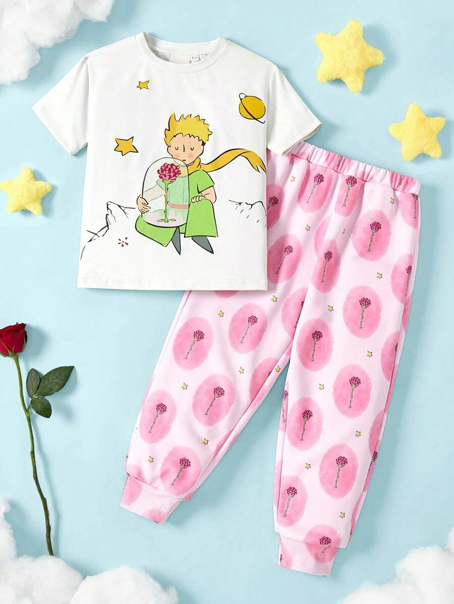 LE PETIT PRINCE X SHEIN 2pcs/Set Young Girl Cartoon Figure Graphic Casual Versatile Short Sleeve T-Shirt And Pink Rose Long Pants Outfit - Pink - View 1