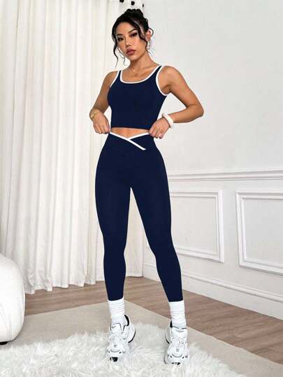 Easithlete Women's Yoga Contrast Trim Crew Neck Tank Top And Criss-Cross Waist Ankle Length Pants Sports Set Navy Workout Set Two Piece Workout Set Two Piece Active Set Gym Set Workout Leggings And Top Set Workout Leggings Two Piece Set Gym Two Piece Set Gym Set Two Piece Activewear Set