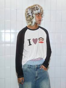 ROMWE MEN Paul Frank X ROMWE Men Rhinestone Detail Letter Cartoon Pattern Contrast Raglan Long Sleeve T-Shirt, Fall, 2000s Style