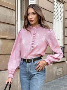 Chiquease Blusa de manga larga con cuello abierto, bordada, de rayas rojas y blancas, con volantes, de estilo suelto y casual, para mujer, ideal para primavera y otoño en la universidad - Rojo - Ver 3