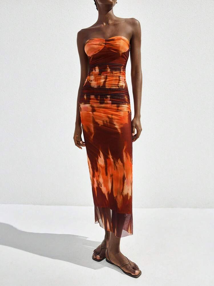 SHEIN Maija Women Orange Tie-Dye Allover Print Tube Top Maxi Dress, Sexy Open Back, Fashion Elegant Holiday Party Casual Vacation Western Wear Women 2000s