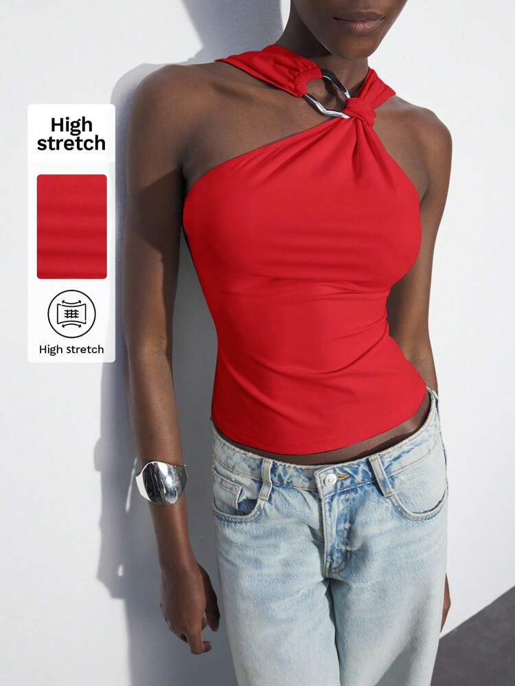 SHEIN Maija Women's Red Asymmetric Metal Twist Halter Neck Sleeveless Fitted Camisole, Sexy & Versatile For Daily, Party, Business Casual Occasions, Shoulder Exposed Top Rave Festival Halloween Halloween Christmas Going Out Tops Women Going Out Tops Going Out Going Out Tops For Going Out